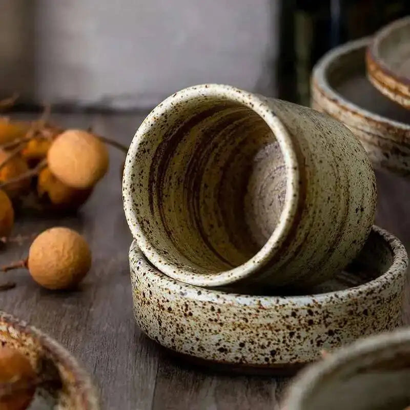 Retro Handmade Stoneware Rice Soup Bowl Tea Cup Round Steak Salad Dinner Plate Dishes Home Dining Dish Japanese Tableware Set Oasis Select