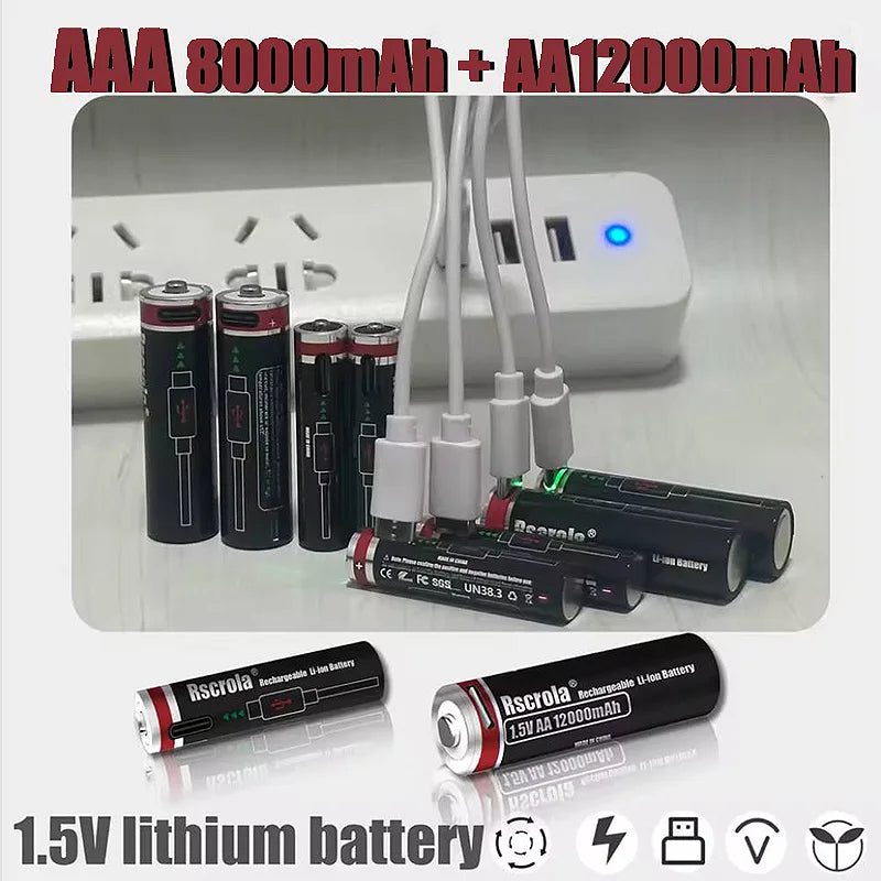High Capacity 1.5V AA 12000mAh/AAA 8000mAh Rechargeable Lithium Battery Type-C Fast Charging for Remote control RC Mouse Toy Oasis Select