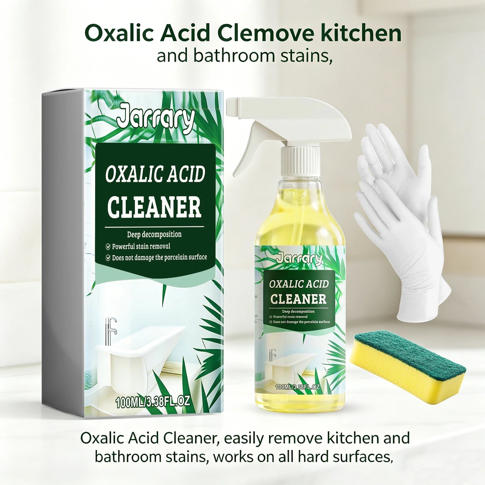 Oxalic Acid Cleaner 100ml Bathroom & Kitchen Stain Remover with Sponge & Gloves for Toilet, Tile & Grout Deep Cleaning Spray Oasis Select