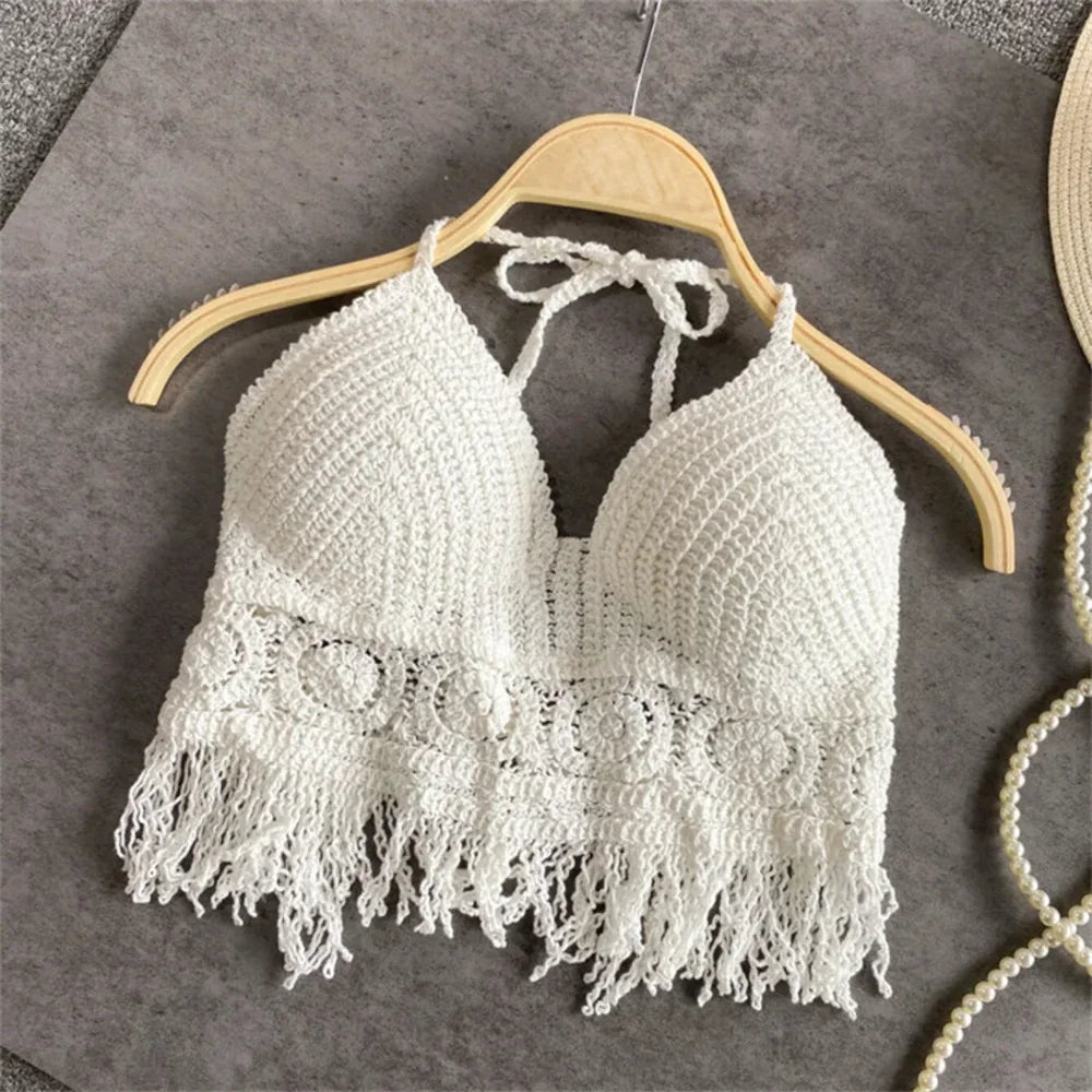 Women's Boho Fringe Backless Halter Tie Neck Underwear Outerwear with Neck Hanging Embroidery Tassel Suspender Vest Short Tank Oasis Select one size fits all 1 One Size