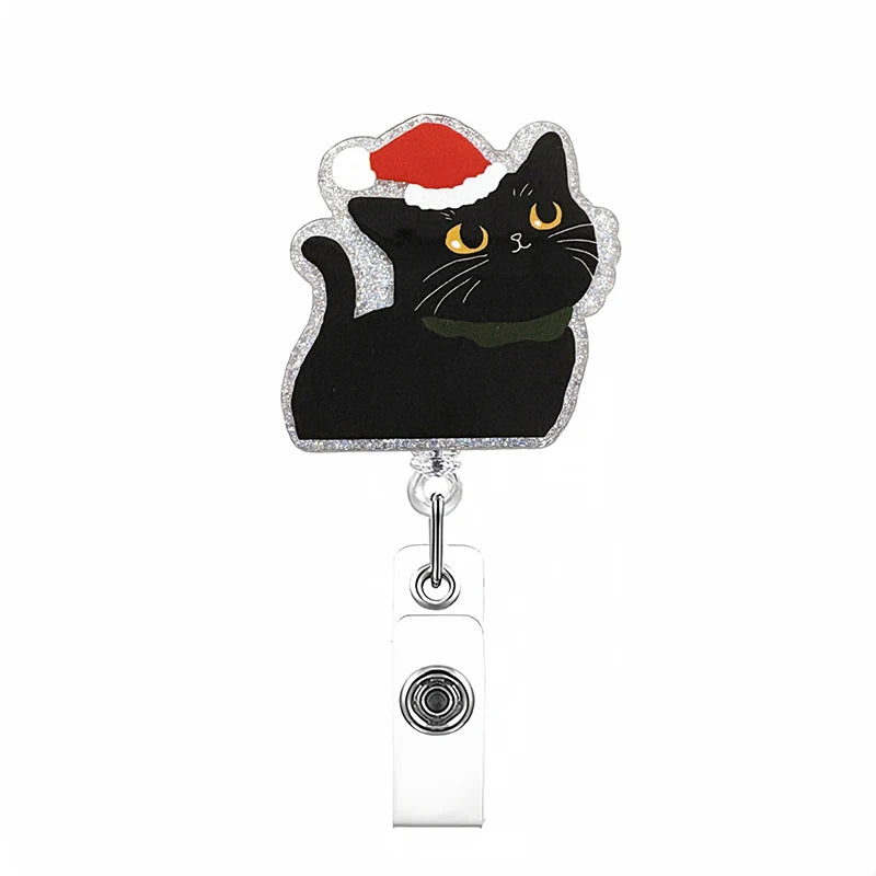 Christmas Cat Badge Reel Retractable Cute Xmas Badge Clip With Christmas Tree Black Cat Designs Acrylic Christmas ID Name Holder Oasis Select StyleD