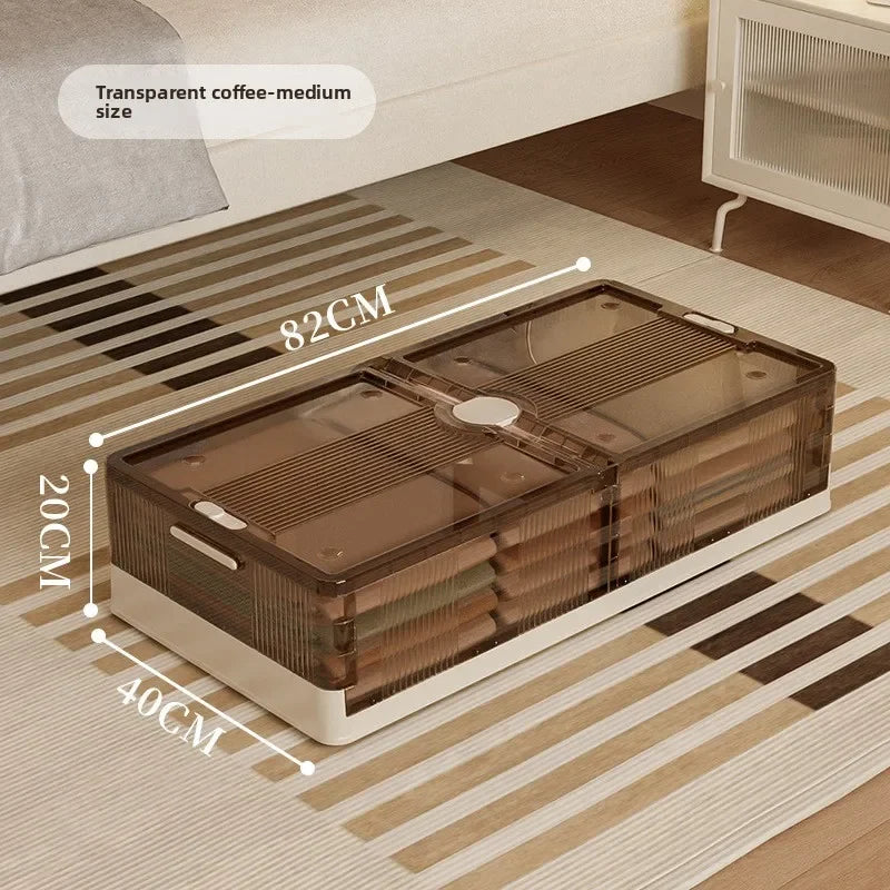 Folding storage ******der the bed Plastic transparent extra large roller dustproof storage box Clothes quilt finishing box Oasis Select Chinese coffee