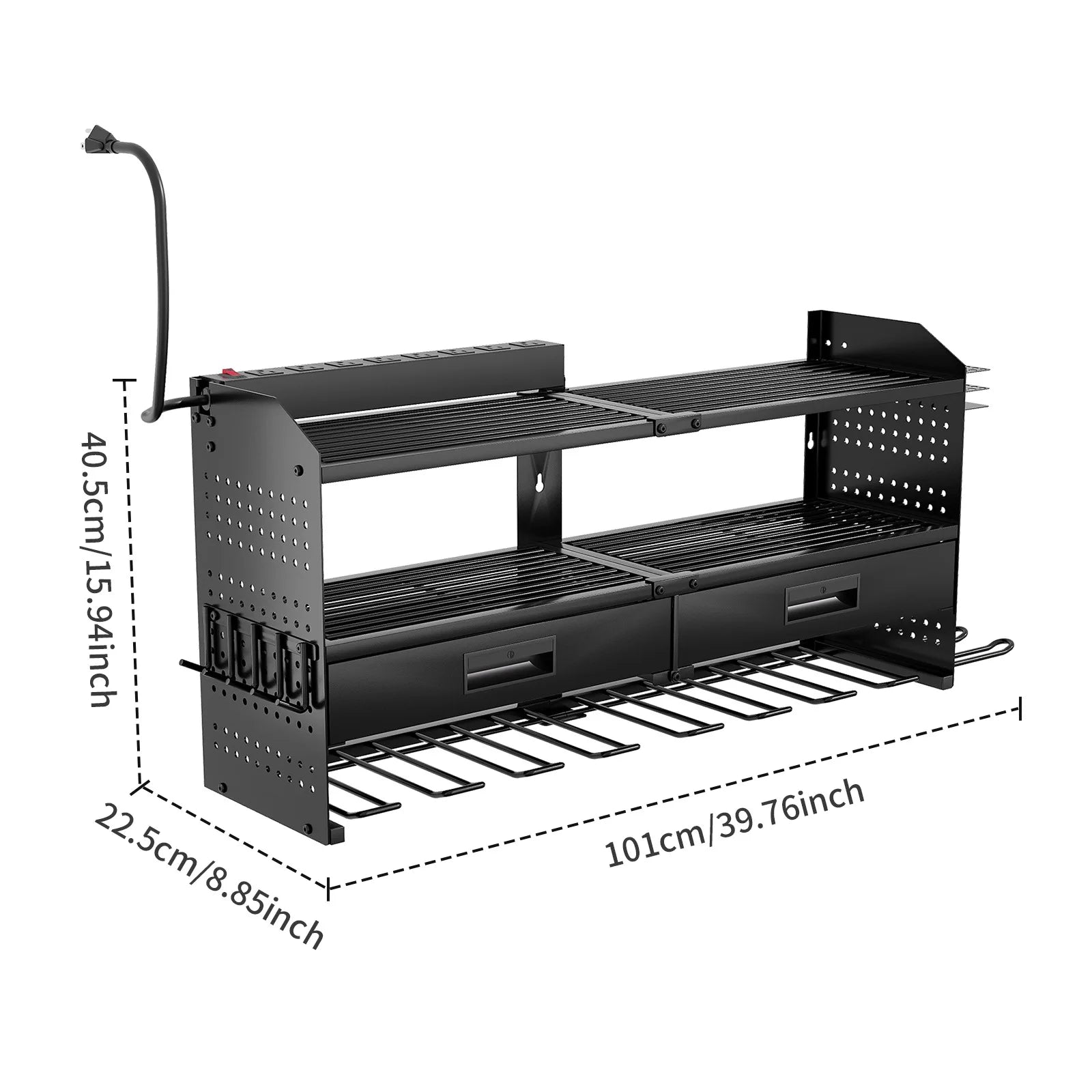 Heavy Duty Power Tool Storage Rack Hole Board Display Storage Rack Garage Wall Mounted Tool Rack with Drawer Oasis Select Black with socket