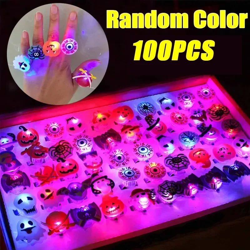 50-200PCS Halloween Glow Pumpkin Ring Cartoon Finger Light for Party Favor Small Gift Spooky Fun Night Rave Accessory Oasis Select Halloween 100PCS