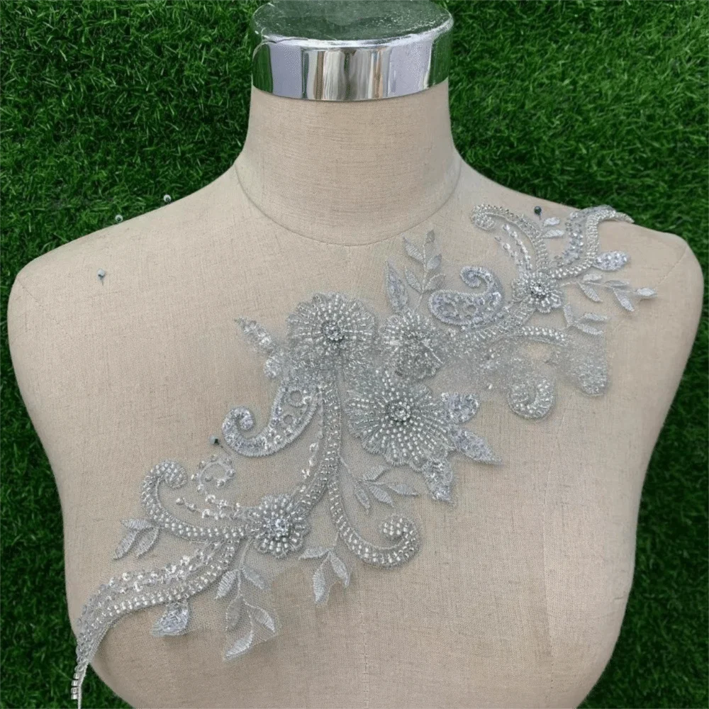 Rhinestone Flower Lace Applique Patch Handsewn Glass Drill Flower Embroidery Applique DIY Evening Gown Wedding Dress Accessories Oasis Select Silver