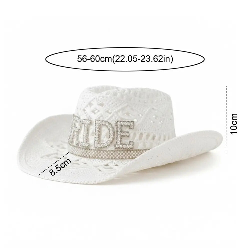 Rhinestone Letter Bride Groom Cowboy Hat Hollow Wide Brim Cowgirl Hat Crochet Western Cowboy Hat For Wedding Bachelorette Party Oasis Select