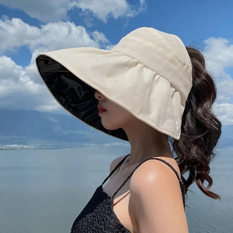 Big Brim Empty Top Sun Hat Summer Women Anti UV Large Eaves All Empty Top Hats Tidal Outdoor Foldable Riding Sport Visors Oasis Select Beige