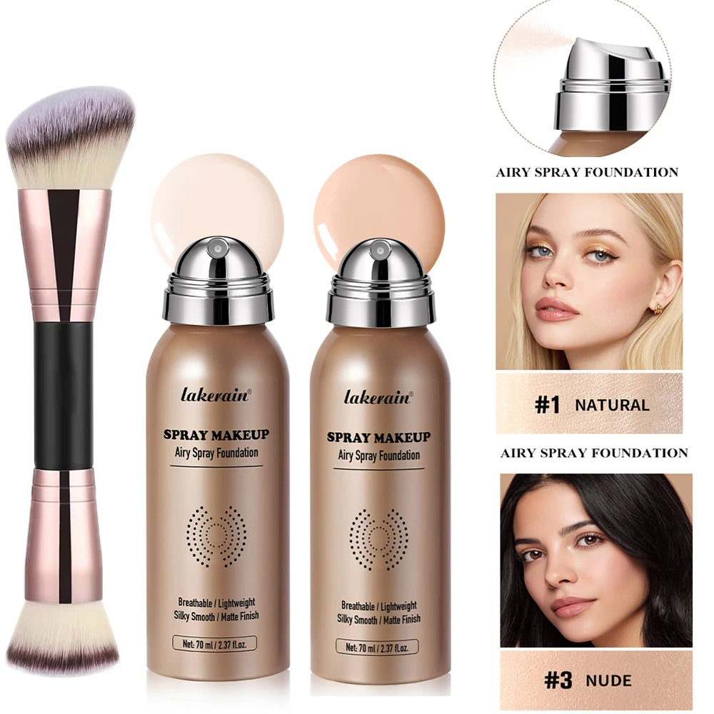 2pcs Spray Foundation With Brush Magic Airbrush Makeup 70ml Long Lasting Water proof Oil Control Matte Full Coverage Oasis Select