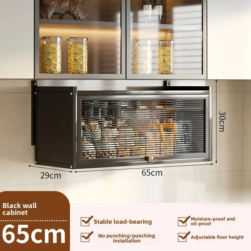 Kitchen multi-functional wall-mounted hanging cabinet seasoning rack upturned locker household dust with door storage rack Oasis Select Black-65