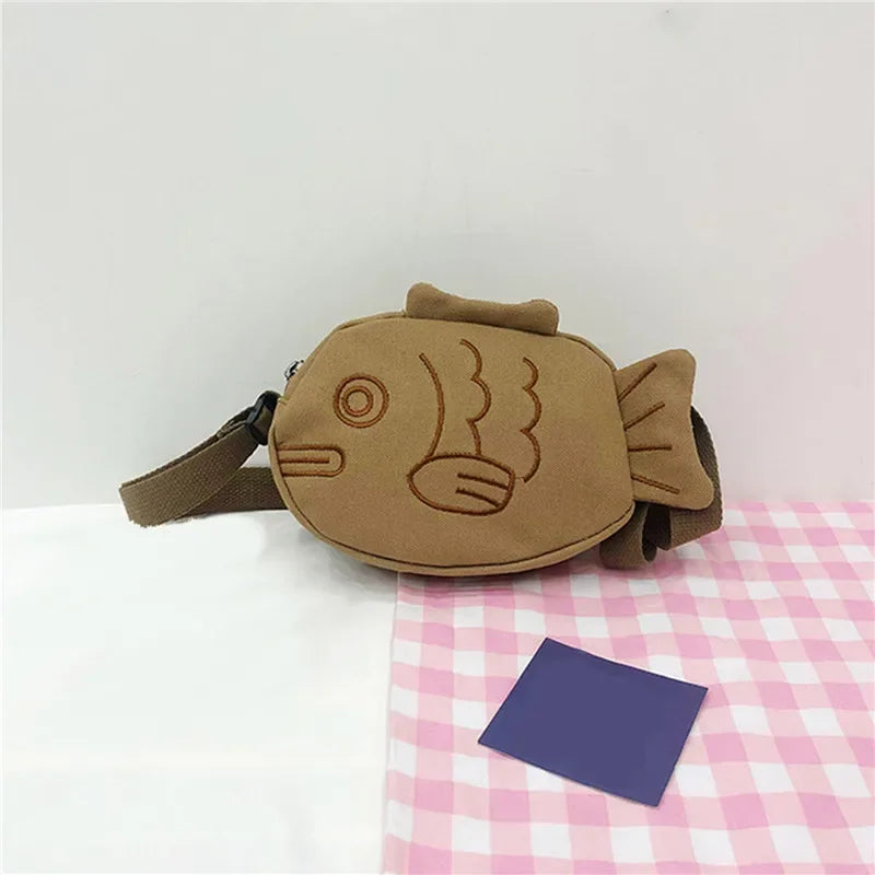Fish Shape Canvas Messenger Bag Fashion Cute Embroidery Portable Zippered Small Purses Handbags Mini Crossbody Bag Oasis Select