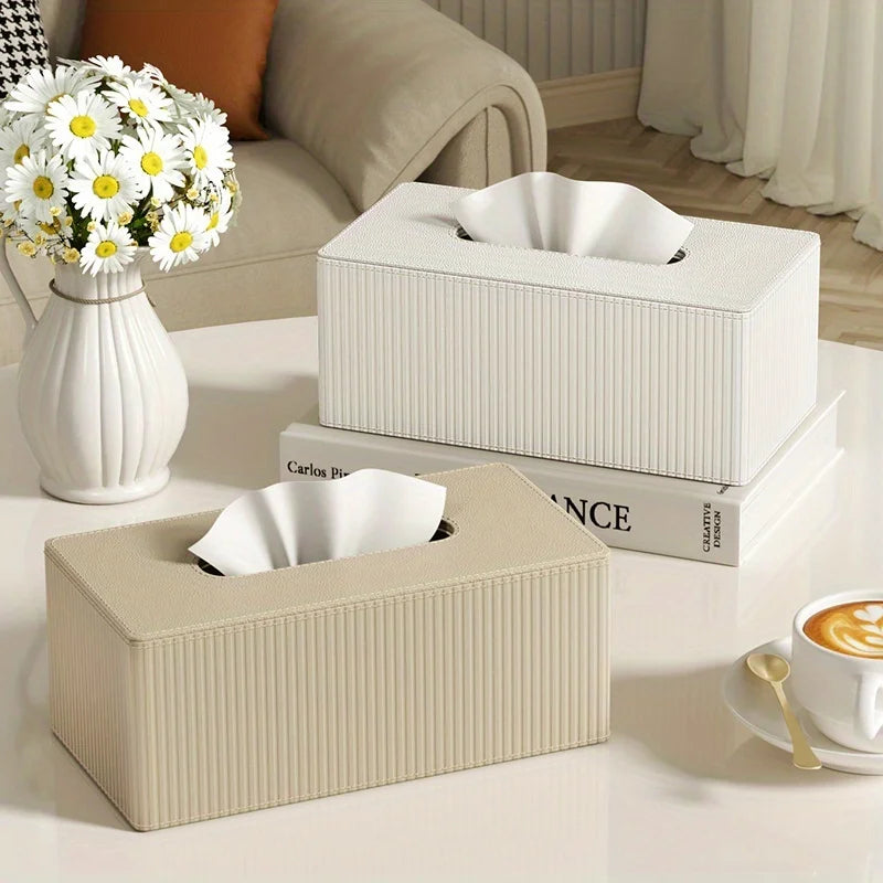 1pc Luxury Leather Tissue Box Holder, Striped Design 3 Colors, Square Tissue Box Cover for Home Office Bathroom Oasis Select