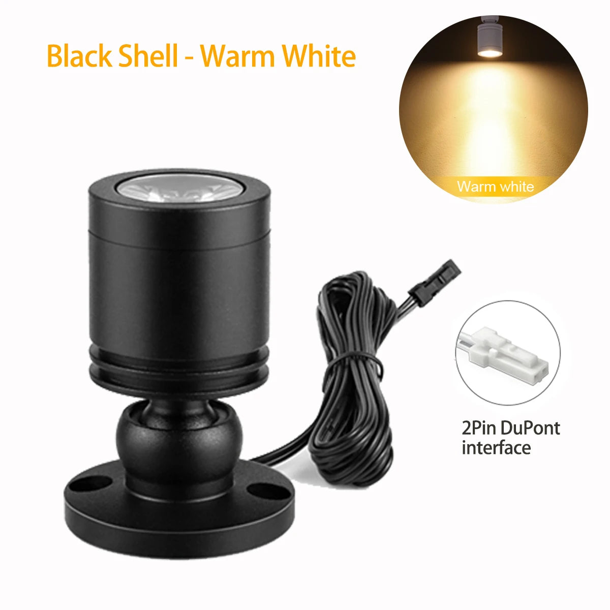 DC12V 3W LED Spotlight 2Pin DuPont Interface, Cabinet Surface Mount Mini Spot Light,for Living room Hotel Mall Ambinet Decor Oasis Select Black Shell-Warm