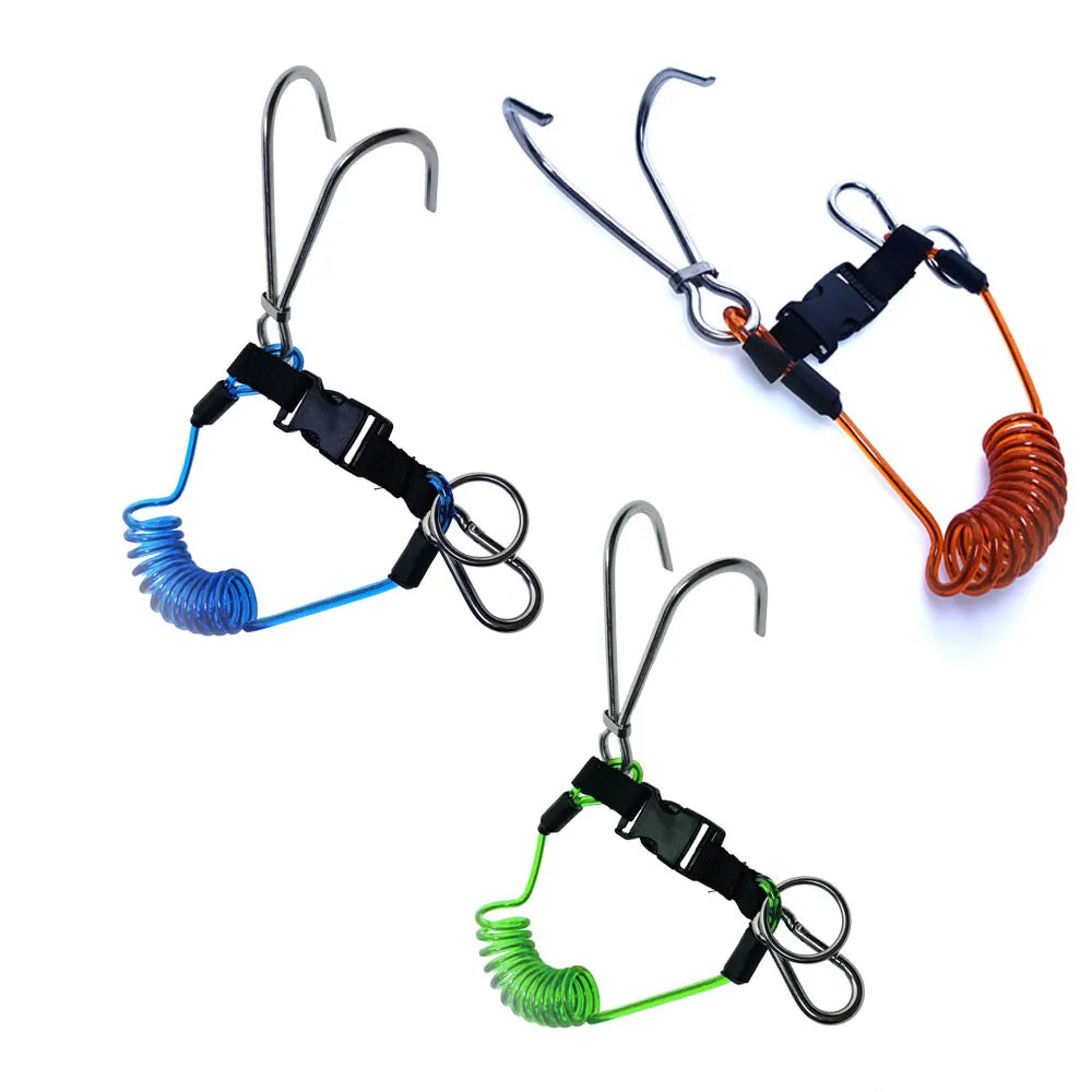316SS Reef Drift Hook Spring Anti-Lost Rope Double End Diving Hook with Spiral Coil Lanyard Scuba Current Reef Hook Oasis Select