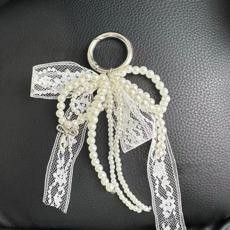Korean Ins Niche Pearl Lace Bow Decoration Fashionable High-end Texture Fresh Bag Pendant Car Keychain Oasis Select