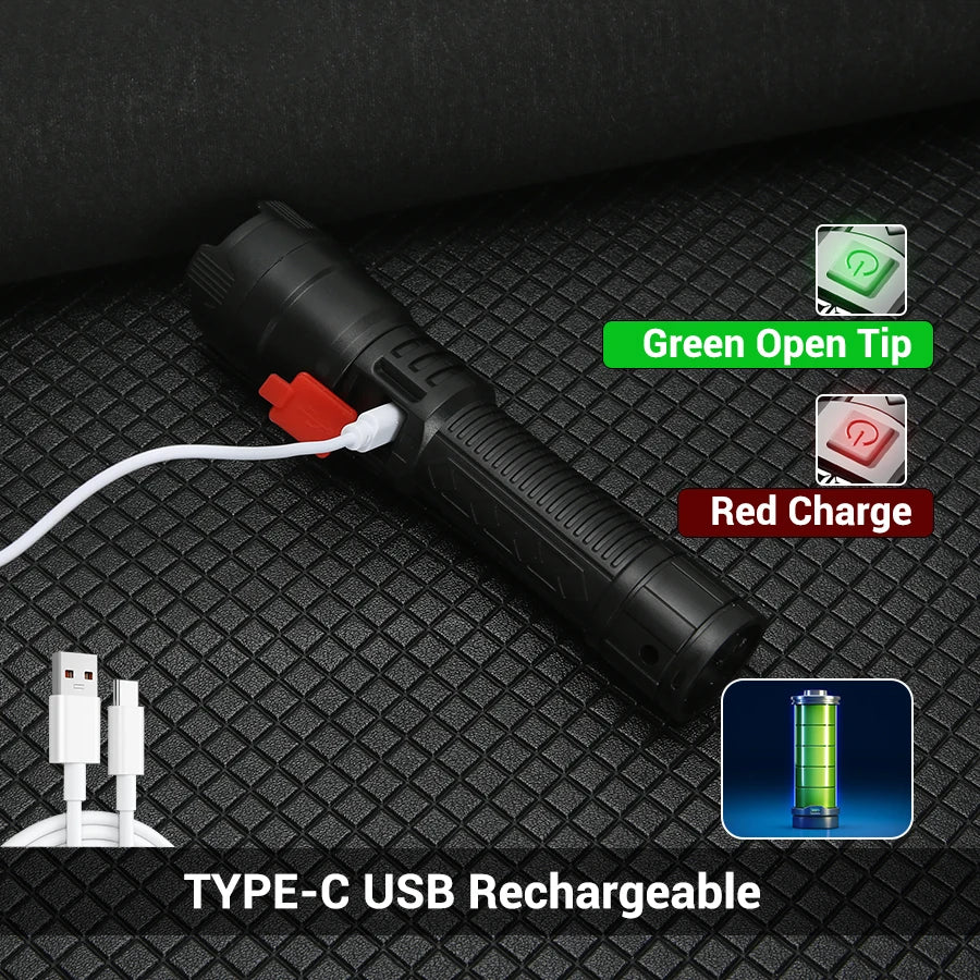 High Power LED Flashlight with Battery Display USB Rechargeable Light Telescopic Zoom Torch Lamp Outdoor Camping Fishing Lantern Oasis Select