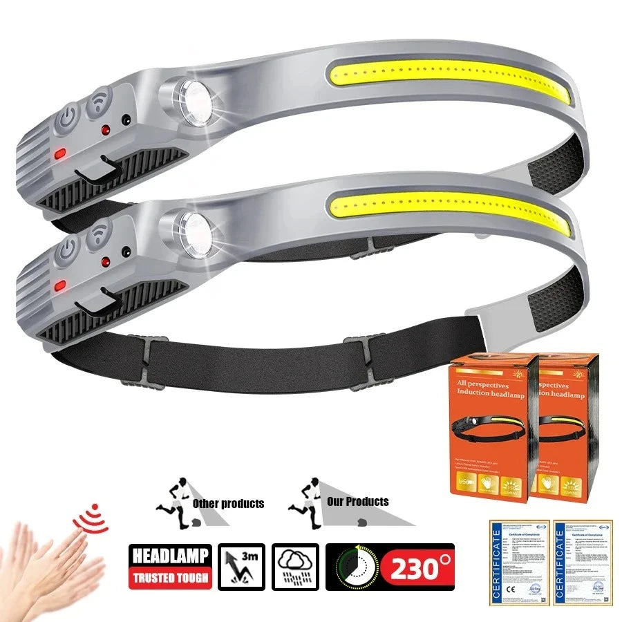 Super Bright Induction Headlamp COB+LED Sensor Head Flashlight 18650 Battery USB Rechargeable torch Camping Fishing Work Lights Oasis Select T327-2PCS