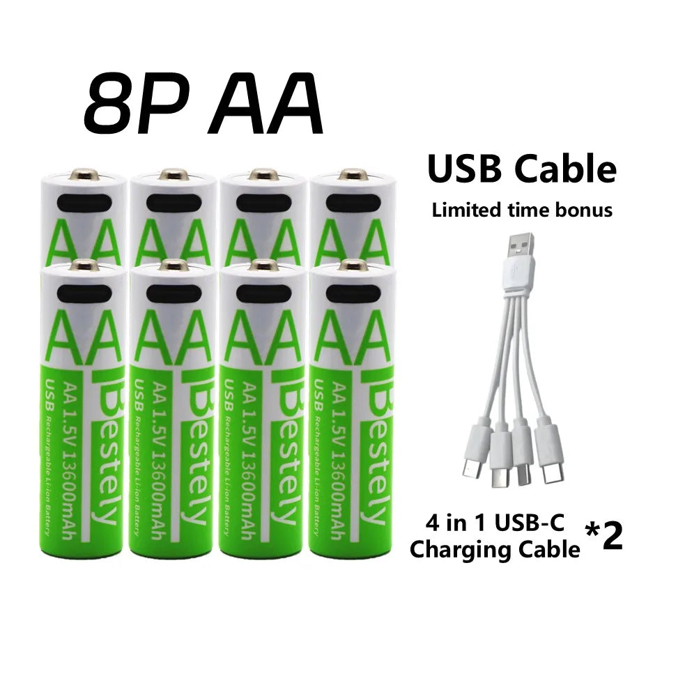 Rechargeable AA Battery13600mAh, 1.5V AA Li-ion Batteries with USB Type C Charging Cables, Long Life, Low Self-discharge Oasis Select 8P AA