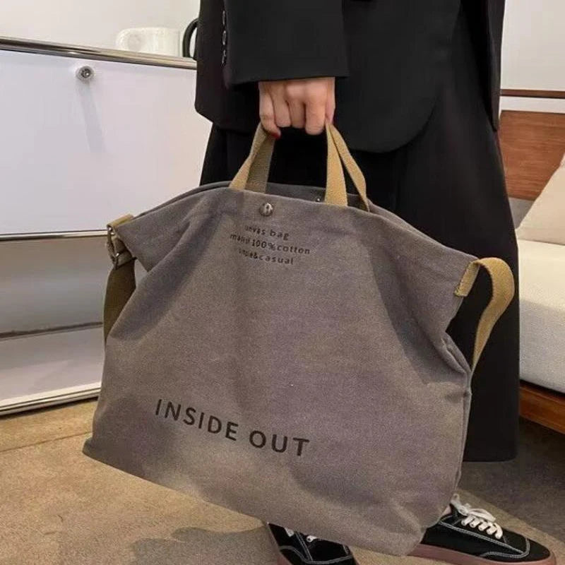 1Pcs Beige Canvas Tote Bag Adjustable Strap Large Capacity Shoulder Bag For School Commute Shopping Travel Oasis Select