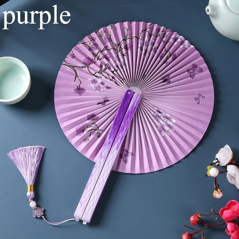 Folding Long-Handle Paper Hand Fan with Tassels, Compact Women's Pocket Fan with Magnetic Closure, Easy to Store and Carry Oasis Select PURPLE