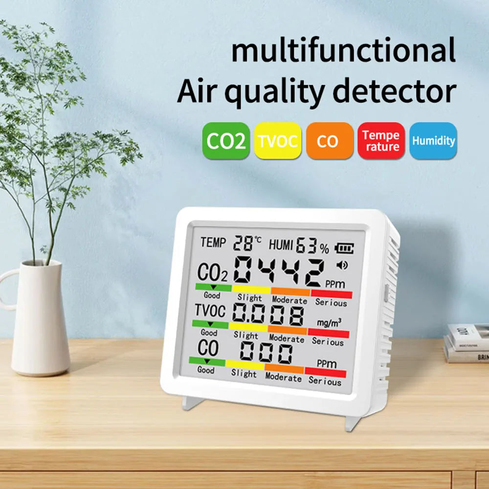 5-in-1 LCD Screen Air Quality Detector Temperature Humidity Meter CO2 Tester HCHO TVOC Carbon Dioxide Monitor Type C Interface Oasis Select