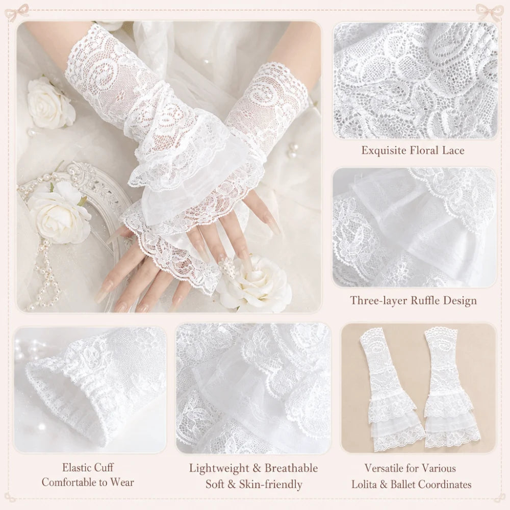Ruched Pleated Detachable Cuffs 3 Layers Lolita Fake Flared Sleeves Fingerless Gloves Ballet Style Lace Fake Sleeves Cuff Oasis Select