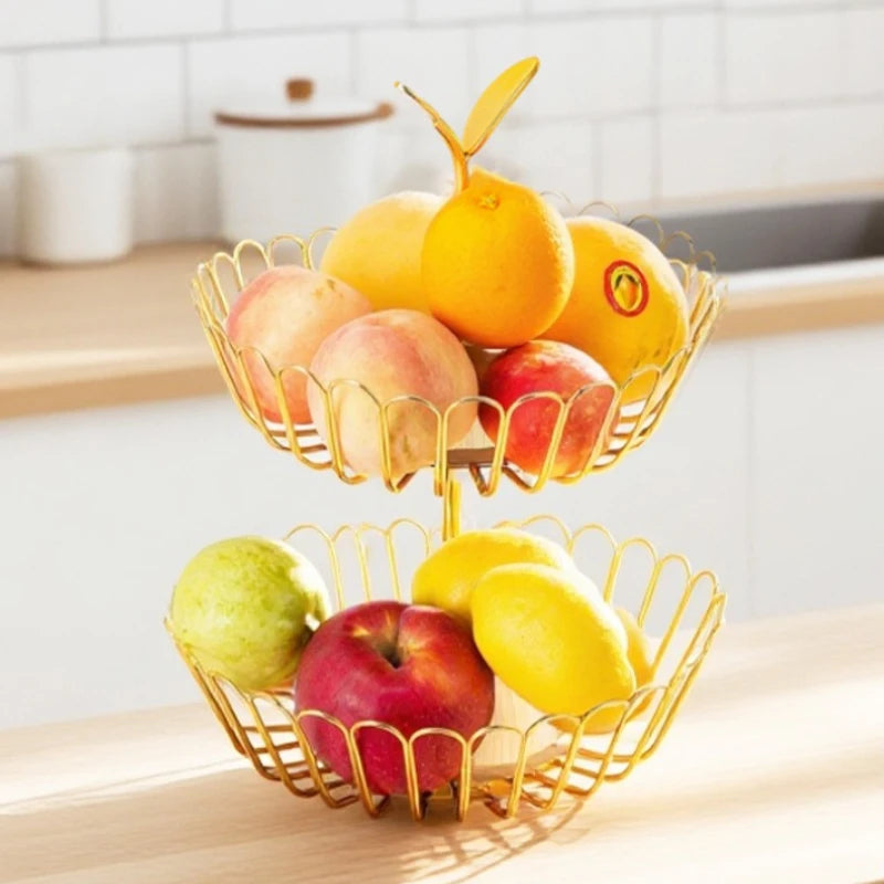 Kitchen double-layer fruit basket removable wooden bottom fruit plate hand basket living room wrought iron candy snack plate Oasis Select