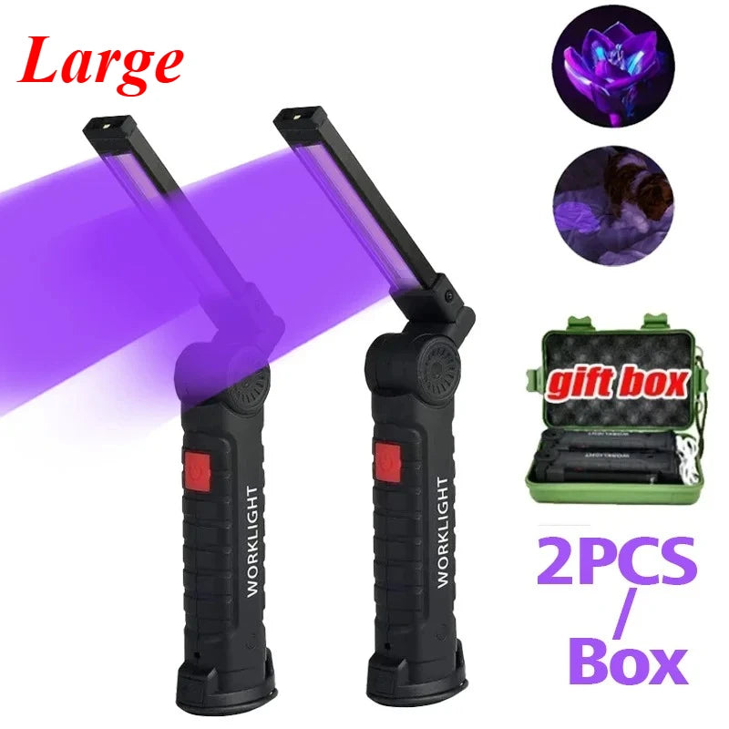 Multi-functional UV Flashlight USB Rechargeable Black Light Torch 5 Modes Emergency Red and White Light Flashlight Work Light Oasis Select 395nm uv light Long 2PCS With box