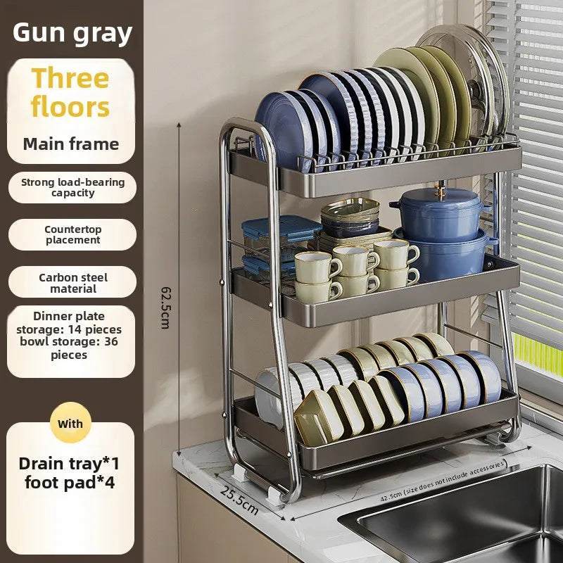 Kitchen Bowl Rack Drain Rack Stainless Steel Tableware Plate Storage Shelf Milk White Household Multifunctional Countertop Oasis Select Grey three layers