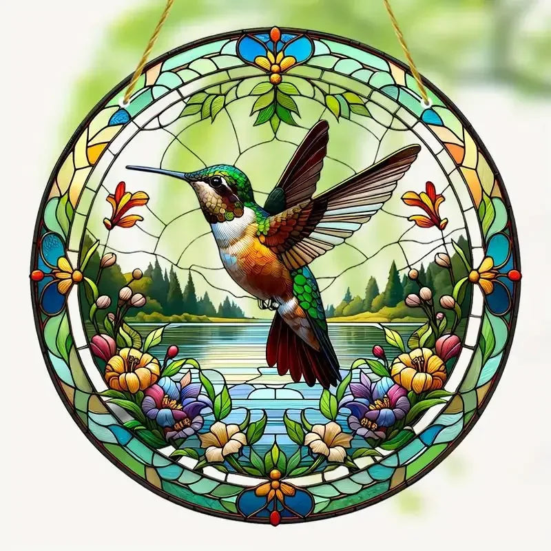 NEW Acrylic Painted Hummingbird Pendant Bird Floral Pattern Suncatcher Round Wreath Porch Window Outdoor Patio Hanging Ornaments Oasis Select Style A-15cm