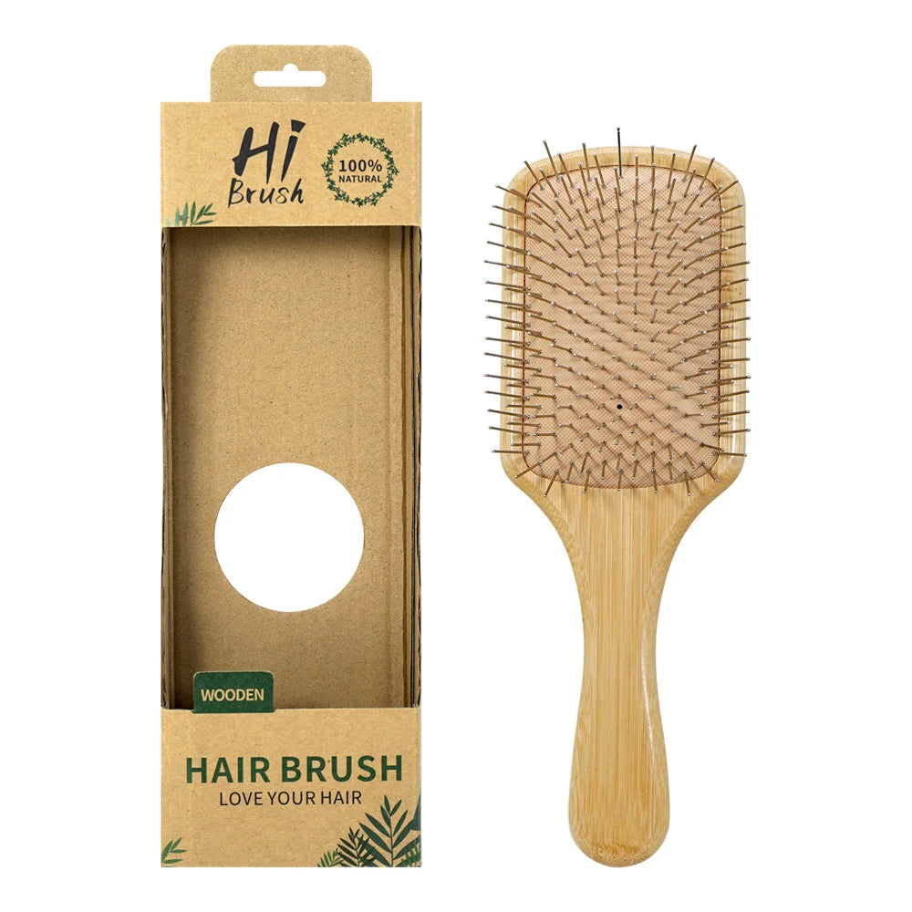 Bamboo Handle Hair Brush Steel Needle Teeth Scalp Massage Detangling Brush for Daily Hair Care Oasis Select TZ-887-3H-HZ