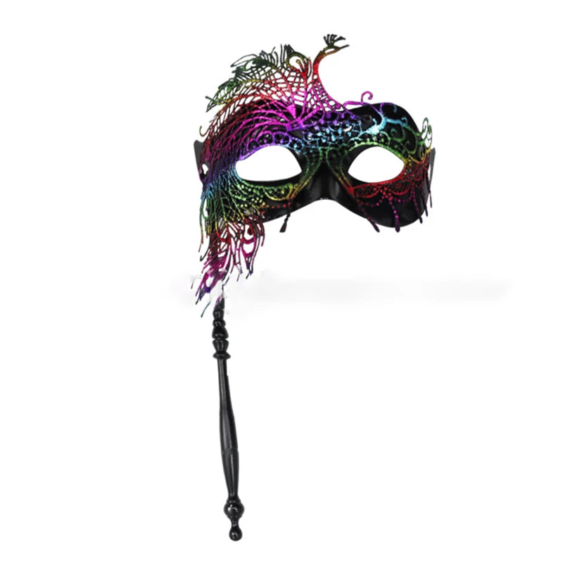 Venetian Masquerade Mask with Holding Stick for Women Feather Mardi Gras Masks Masquerade Ball Masks for Women Oasis Select Multicolor