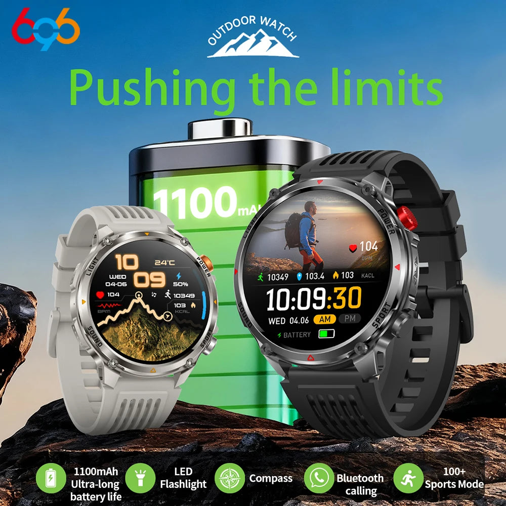 Smart Watches Waterproof Men BT Call Compass LED Flashlight Outdoor Smartwatch Health 100+ Sports Fitness 1100mAh Large Battery Oasis Select