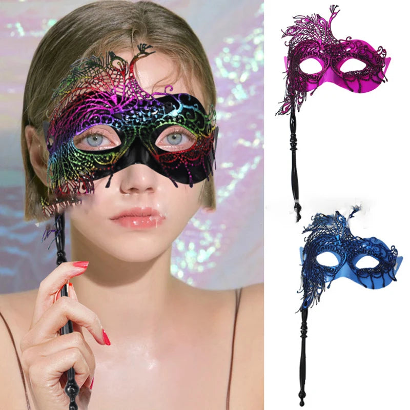 Venetian Masquerade Mask with Holding Stick for Women Feather Mardi Gras Masks Masquerade Ball Masks for Women Oasis Select