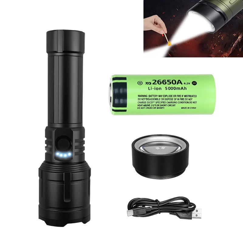 Powerful LED Flashlight USB C Rechargeable with Fresnel Lens Flashlight Super Bright Aluminum Zoom Torch Emergency Power Bank Oasis Select Black-26650 Battery ZOOM