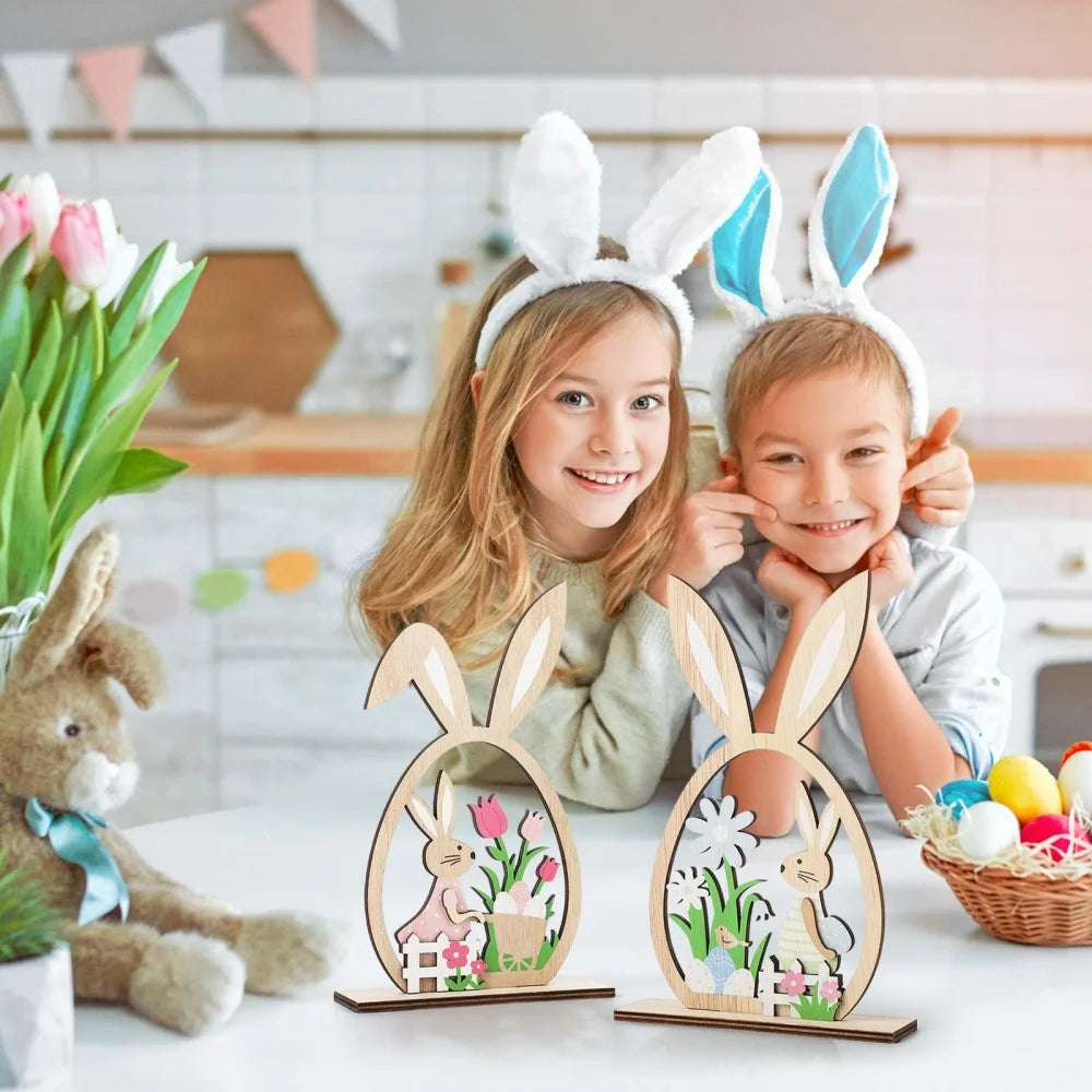 2PCS 2026 Wooden Easter Rabbit Ornaments Craft Painting Bunny Spring Festival Table Ornament Happy Easter Party Home Decor Oasis Select