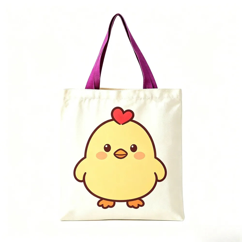 Cute Yellow Chick Red Heart Print Canvas Tote Bag Eco Reusable Shoulder Bag Grocery Daily Shopping Bag Oasis Select Purple