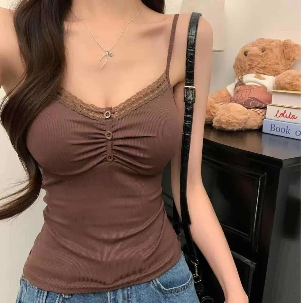Casual Slim Fit Lace Trim Vest Short with Chest Pad V Neck Top Button Front Sleeveless Top Women Oasis Select Coffee One Size