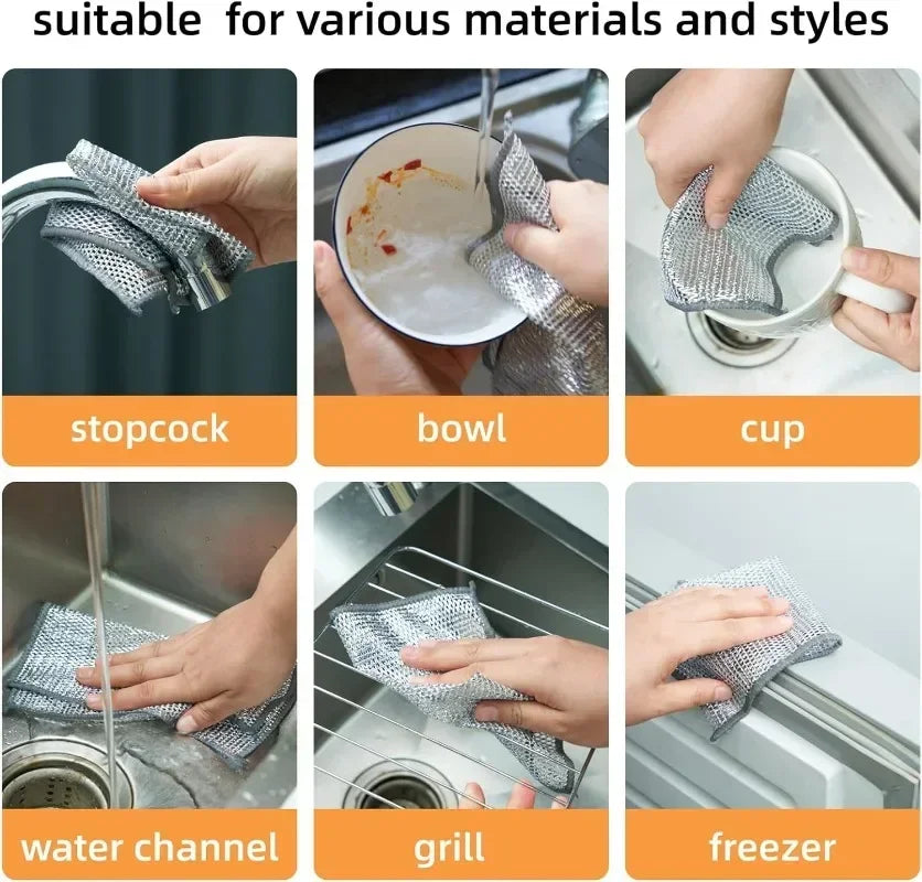 Kitchen Teel Wire Cleaning Cloths Double Sided Thickened Metal Silver Wires Rags Kitchen Dish Pot Washing Cloth Towel Clean Tool Oasis Select