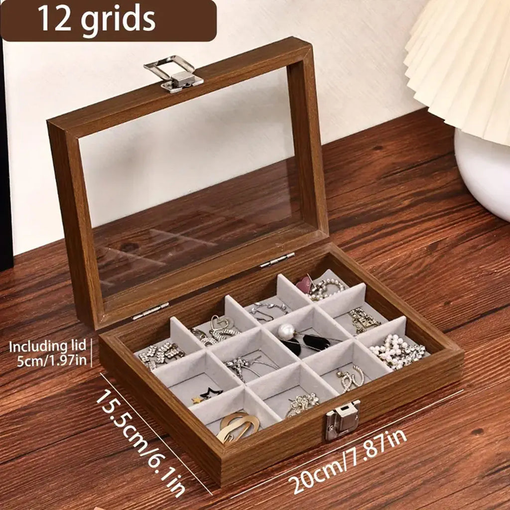 1pc,Vintage jewelry storage box, covered jewelry box, ring box, earrings, bracelets, necklaces solid wood display box Oasis Select 12 grids