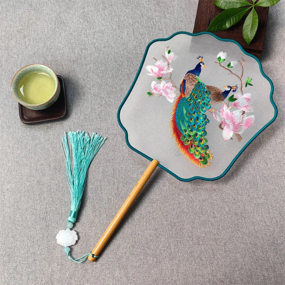Flower Embroidered Silk Round Fan Chinese Hand Fans with Wooden Handle Tassel Wedding Party Dance Accessories Home Decor Oasis Select Style 12
