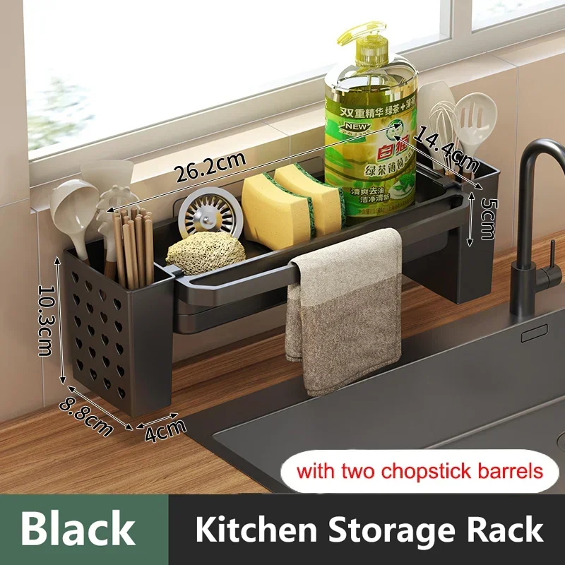 Kitchen Sink Organizer Drain Rack Self-draining Shelf Sponge Holder Dishcloth Faucet Storage Soap Drainer Kitchen Accessories Oasis Select black-03