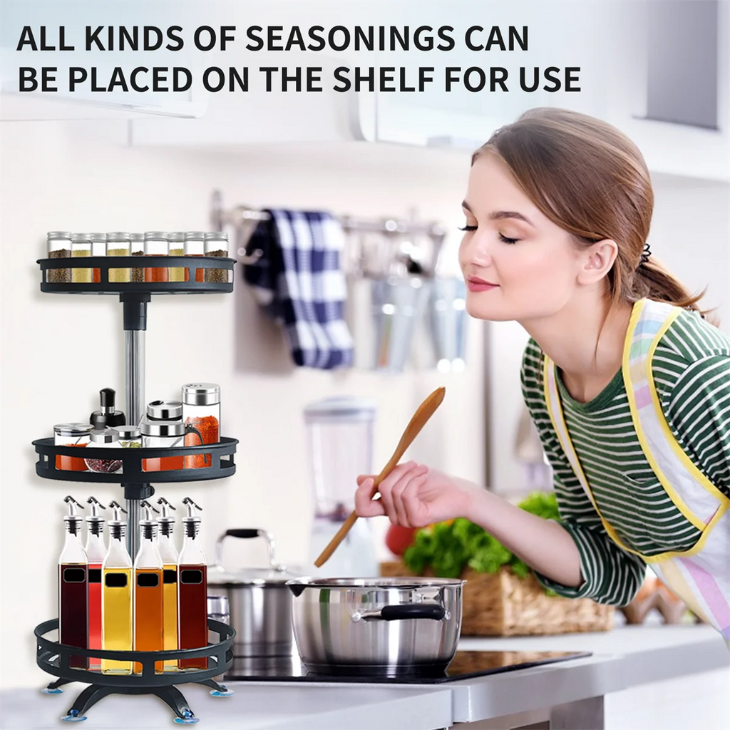 360° Rotation Carbon Steel Spice Rack Organizer Non-Skid Kitchen Storage Tray for Seasonings And Cans - Efficient Spice Oasis Select