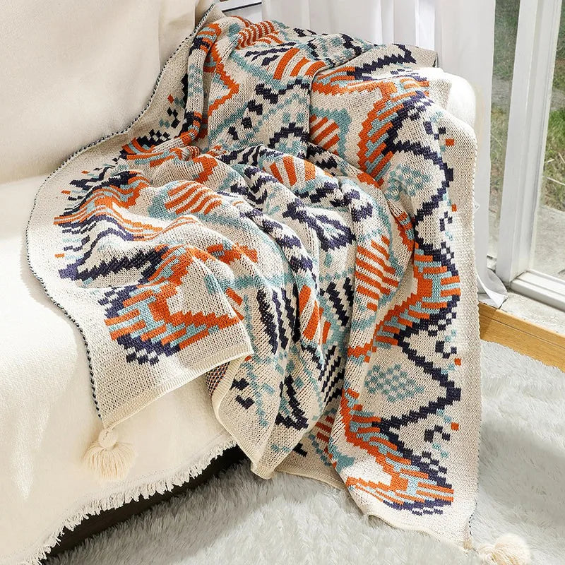 Bohemian Ethnic Tassel Knitted Throw Blanket Nordic Lightweight Summer Air Conditioner Sofa Bed Cover Homestay Decor Oasis Select