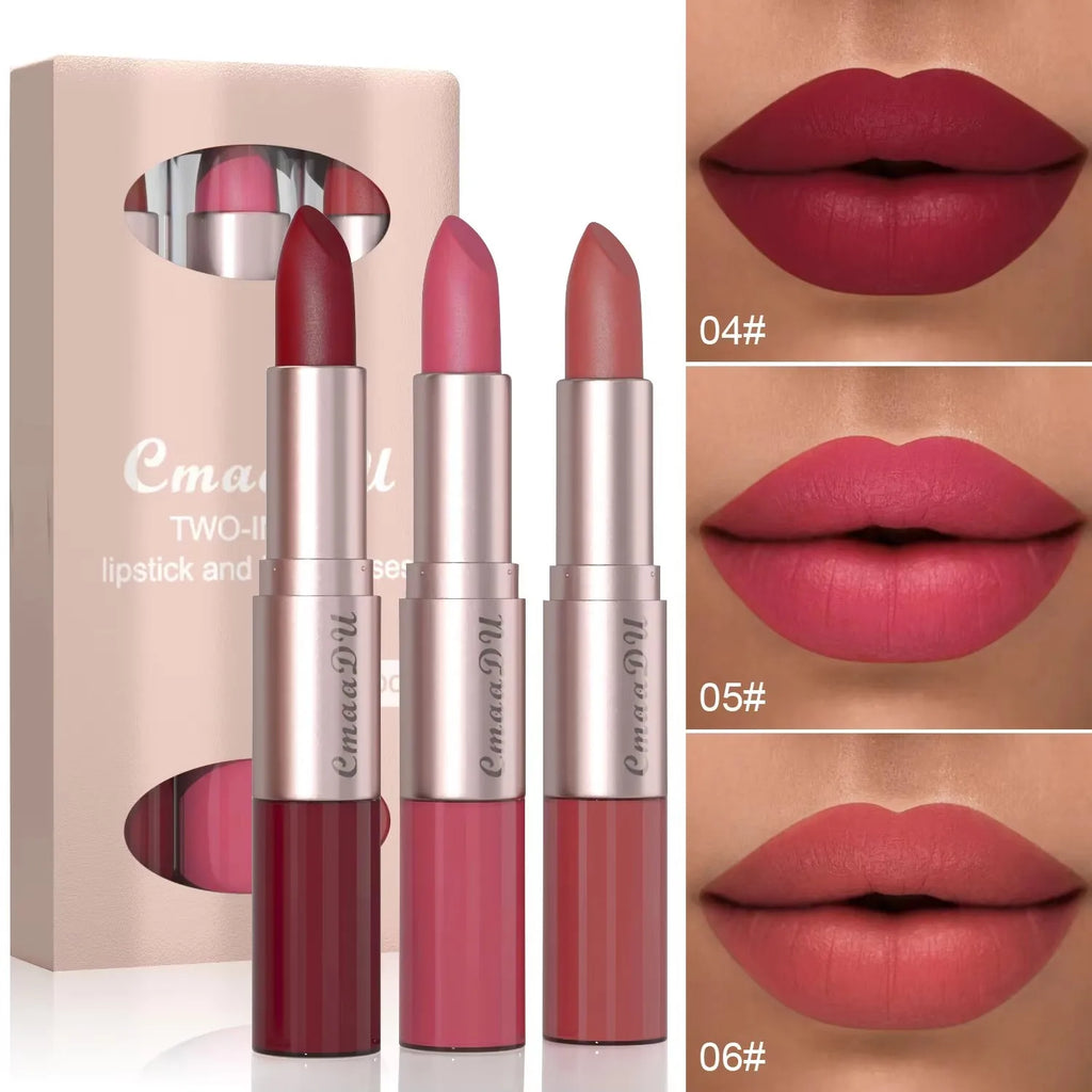 3 Pcs Long-Lasting Lipstick Lip Gloss Set-Double Headed Design for Natural Non-Fading Waterproof Non-stick Cup Exquisite Gift Oasis Select