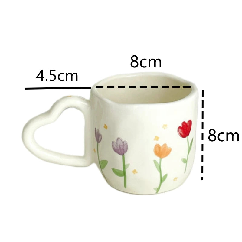 350ML Ceramic Coffee Mugs Tulip Love Handle Cups Hand Pinched Irregular White Color Flower Milk Mug Oatmeal Breakfast Tea Cup Oasis Select