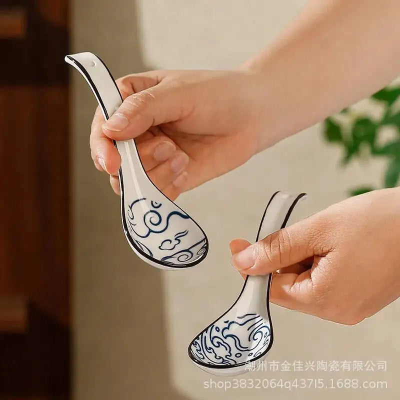 Japanese-style Small Blue And White Ceramic Spoon With Underglaze Decoration, Extended Length For Soup And Noodle Serving Oasis Select