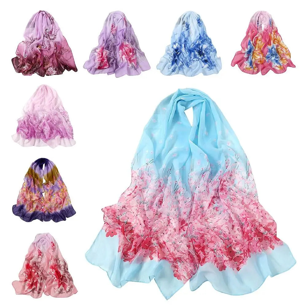 Elegant 160*50cm Chiffon Scarf Sunscreen Gradient Shawl Silk Flower Print Washable Beach Gauze Scarf for Women Oasis Select