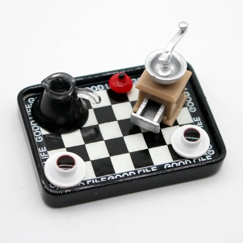 Dollhouse Miniature Coffee Maker Grinder Black And White Checkered Dinner Plate Set Model Dollhouse Accessories Pretend Play Toy Oasis Select Default Title