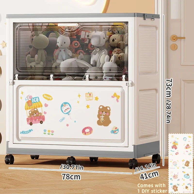 Cartoon Large Capacity Storage Box Foldable with Wheels Mobile Toy Organizer for Home Use Clothes Toys Bedding Oasis Select Bear Gray