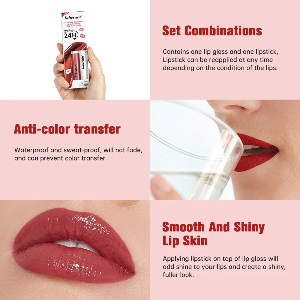 Lakerain Moisturizing Lip Gloss 2-in-1 Set Waterproof Sweat-proof Matte Topcoat Finish Long Lasting Moisturizing Smooth Lip Skin Oasis Select